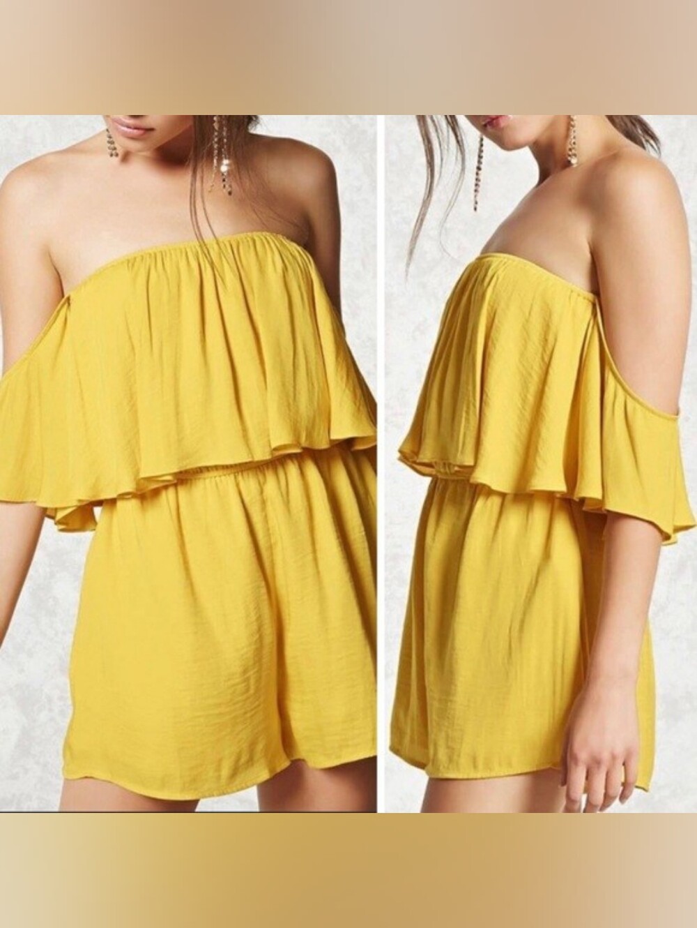 Forever 21 Size S Yellow Strapless Ruffle Romper Off Shoulders Satin
